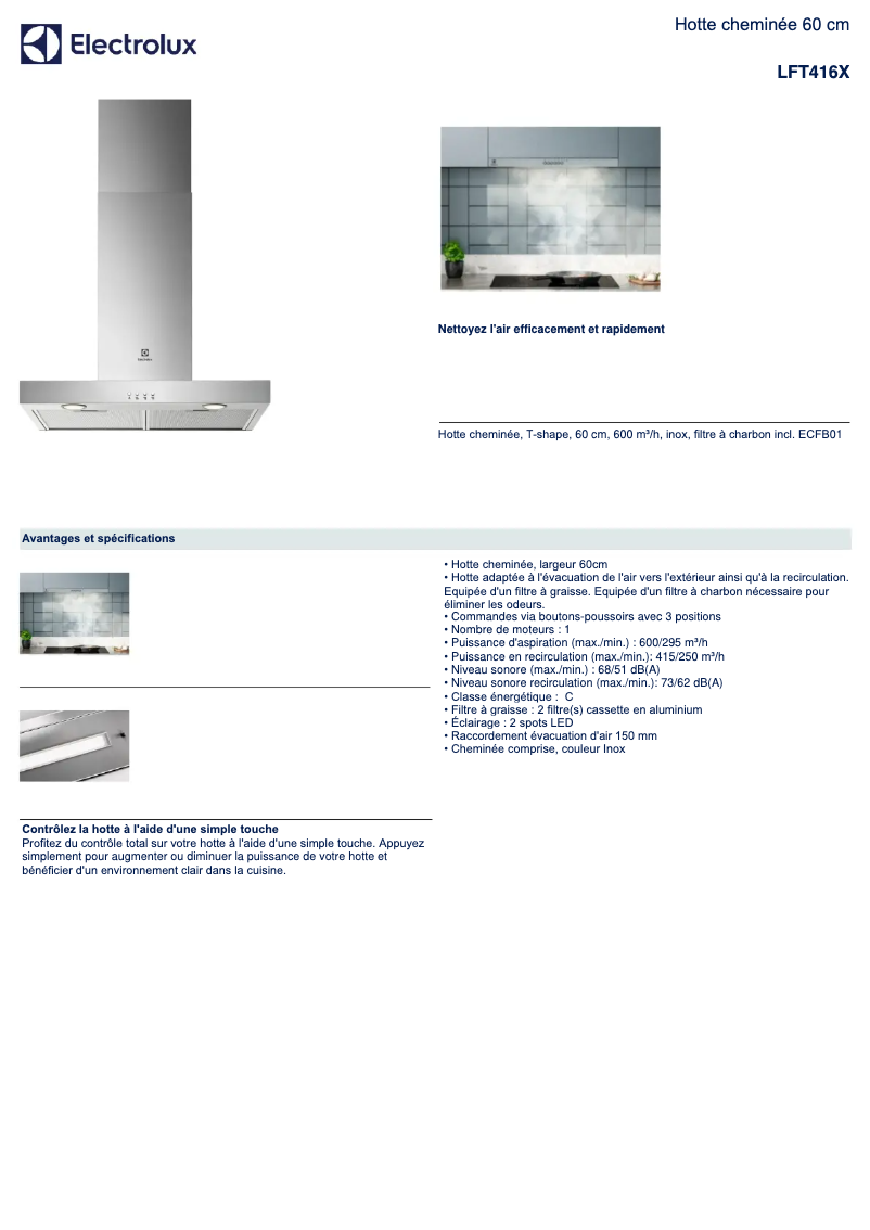Page 1 de la notice Fiche technique Electrolux LFT416X