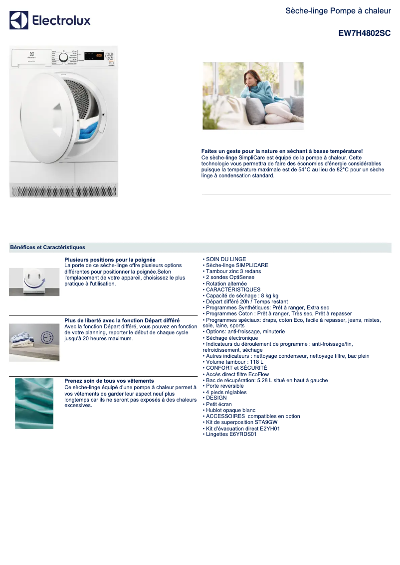 Page 1 de la notice Fiche technique Electrolux EW7H4802SC