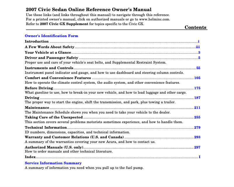 Page 1 de la notice Manuel utilisateur Honda Civic GX (2007)