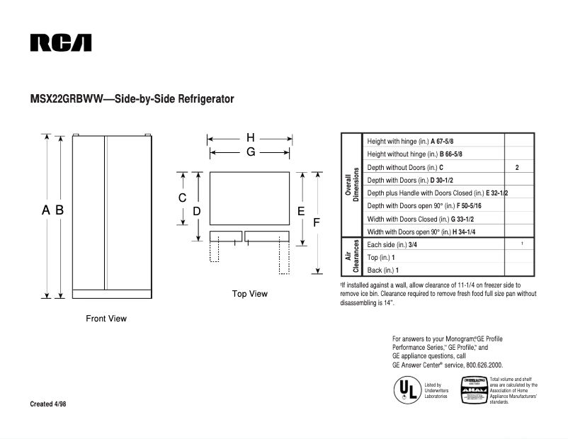Page n°1 - Fiche technique RCA MSX22GRBWW