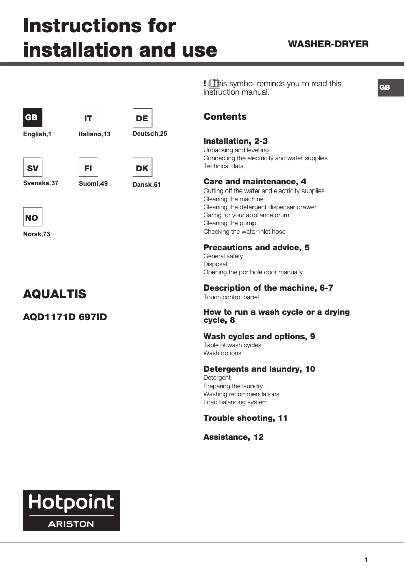 Image de la première page du manuel de l'appareil AQD1171D 697ID EU/A