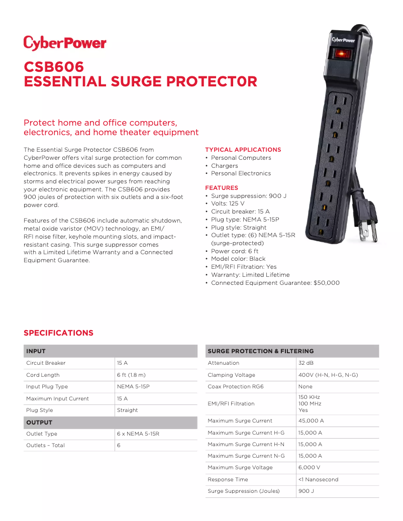 Page 1 de la notice Fiche technique CyberPower Essential CSB606
