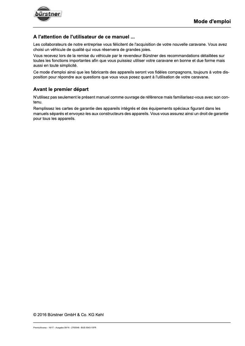 Page 1 de la notice Manuel utilisateur Bürstner Averso (2017)