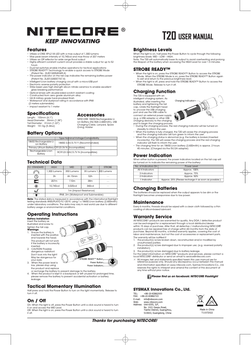 Page 1 de la notice Manuel utilisateur Nitecore T20