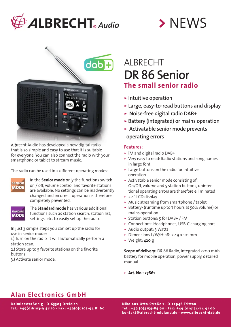 Page 1 de la notice Fiche technique Albrecht DR 86