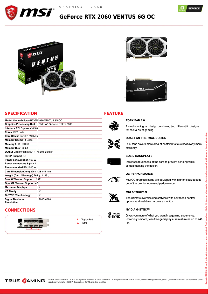 Page 1 de la notice Manuel utilisateur MSI Geforce 6GB D6 RTX 2060 Ventus XS 6G OC