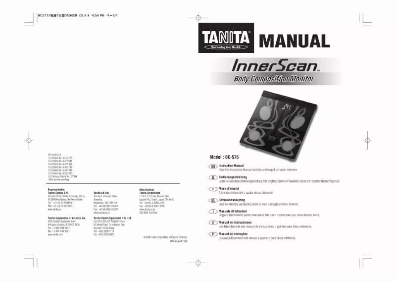 Page 1 of the manual User Manual Tanita InnerScan BC-575