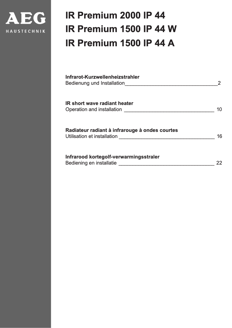 Page n°1 - Manuel utilisateur AEG IR Premium 1500 IP 44W