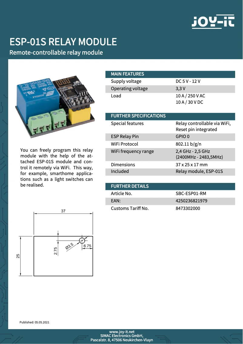 Page n°1 - Fiche technique Joy-It SBC-ESP01-RM