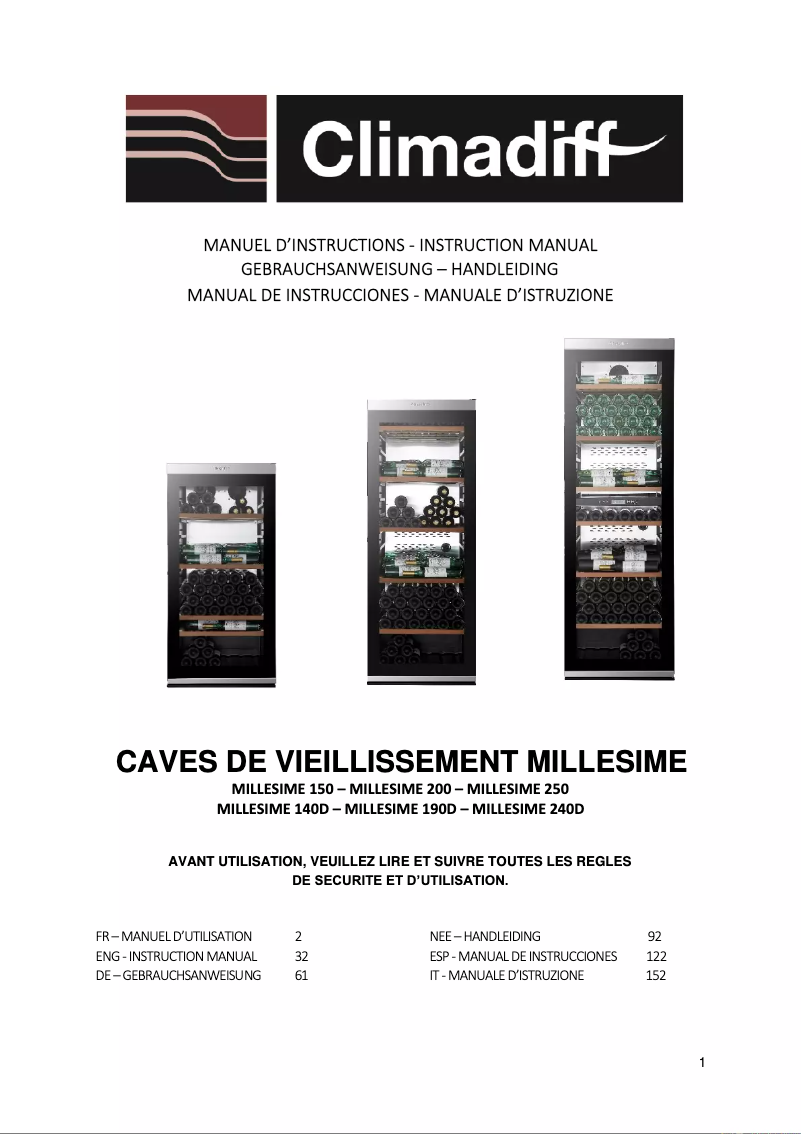 Page 1 de la notice Manuel utilisateur Climadiff MILLESIME 240D