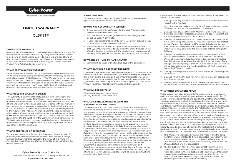 Page n°1 - Informations de garantie CyberPower OL6KSTF