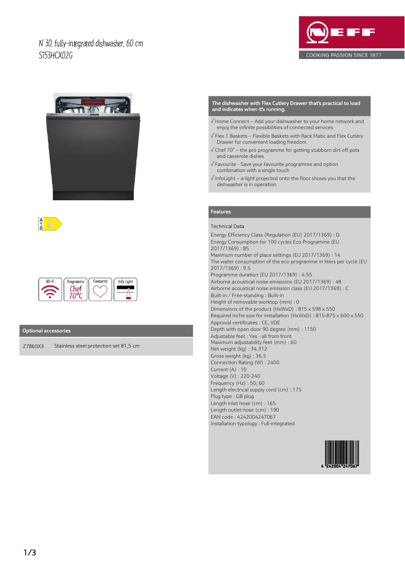 Page n°1 - Fiche technique Neff S153HCX02G