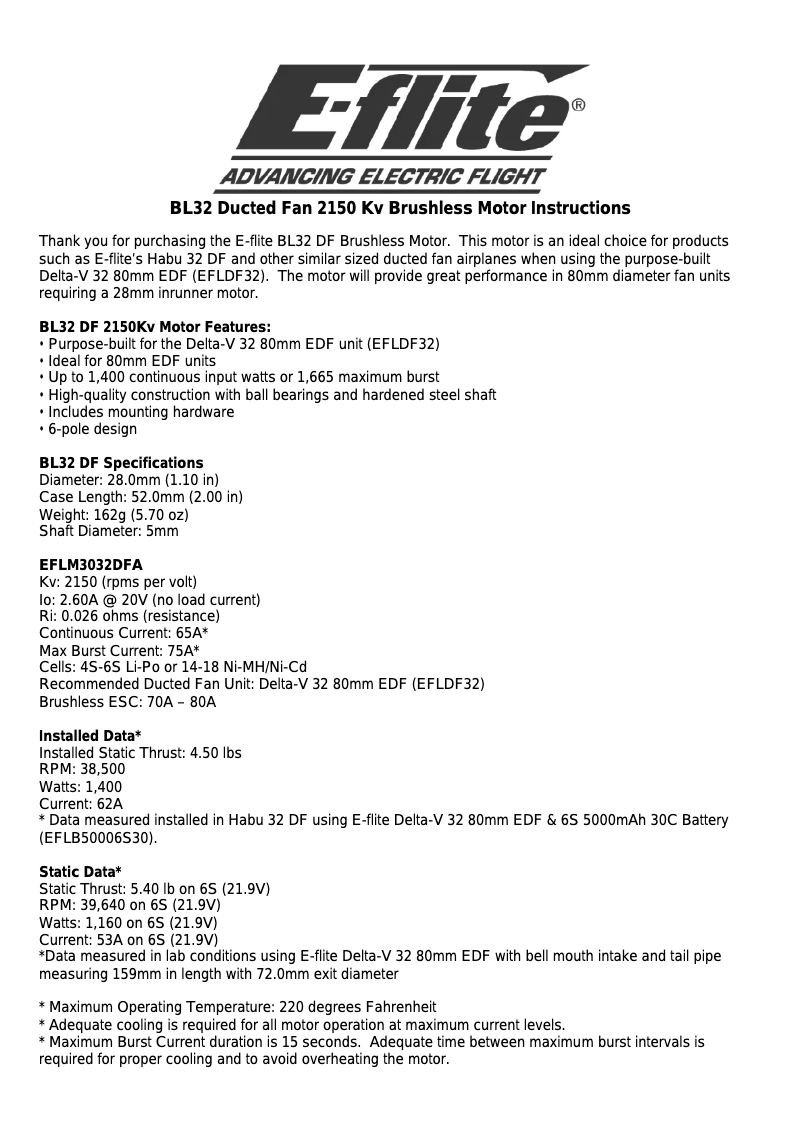Page n°1 - Manuel utilisateur E-flite EFLM3032DFA