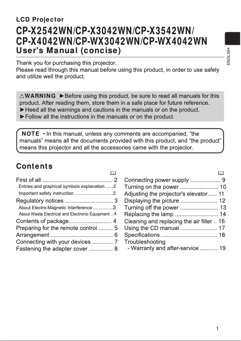 Page n°1 - Manuel utilisateur Hitachi CP-WX3042WN