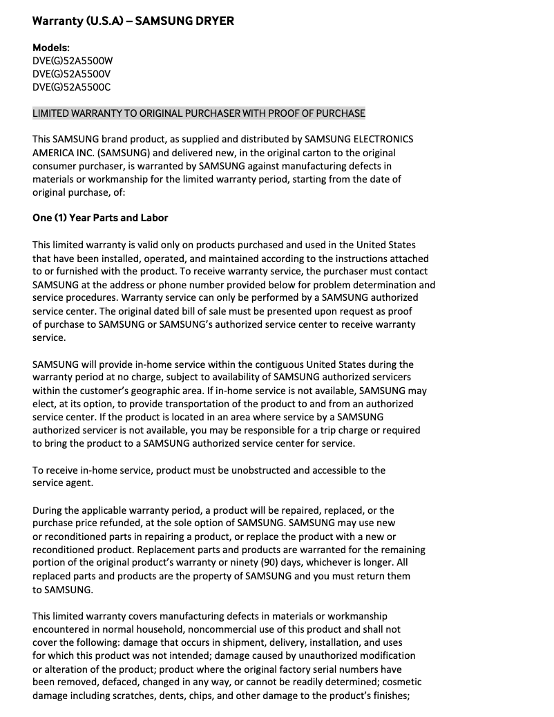 Page 1 de la notice Informations de garantie Samsung DVE52A5500C