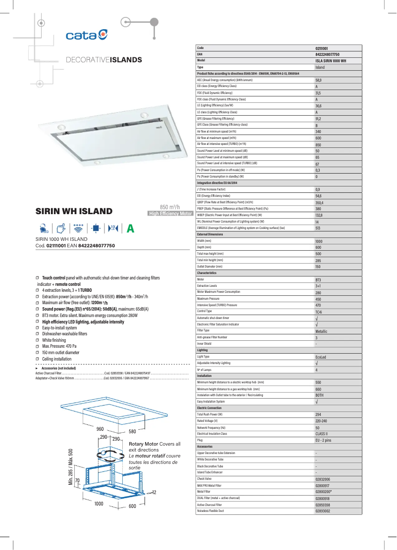 Page 1 de la notice Fiche technique CATA ISLA SIRIN 1000 WH