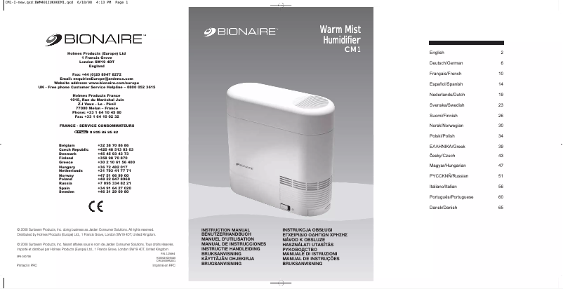 Page n°1 - Manuel utilisateur Bionaire CM1