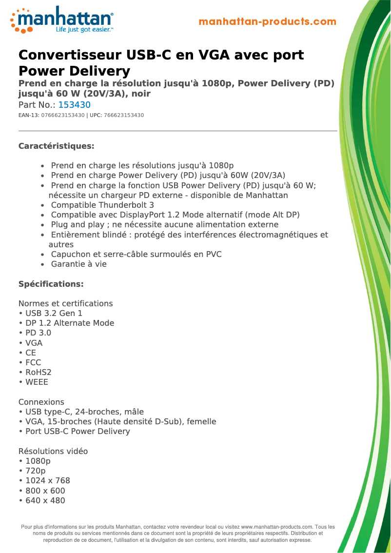 Page 1 de la notice Fiche technique Manhattan 153430