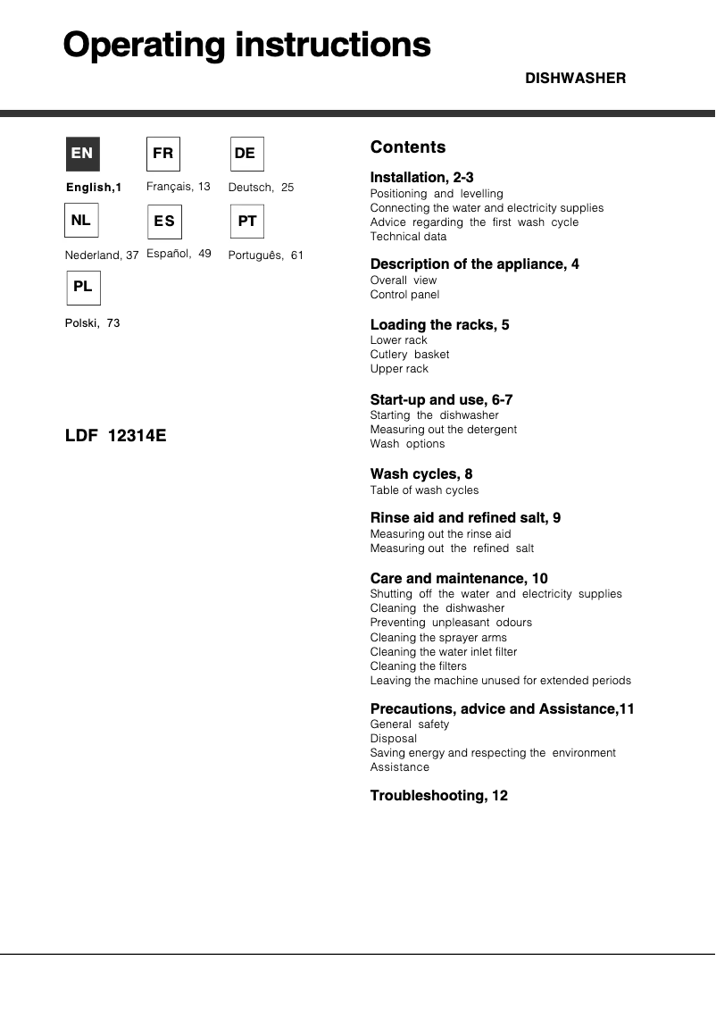 Page 1 de la notice Manuel utilisateur Hotpoint Ariston LDF 12314E B
