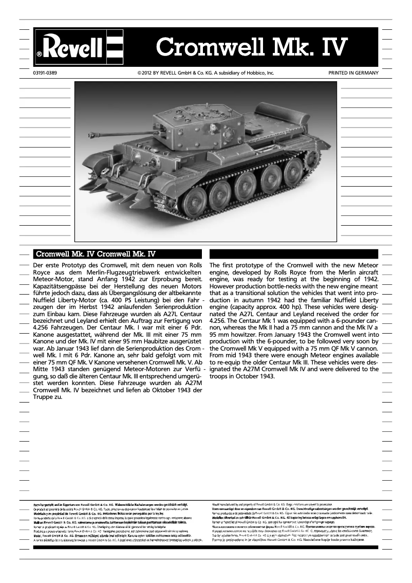 Page 1 de la notice Manuel utilisateur Revell Cromwell Mk. IV