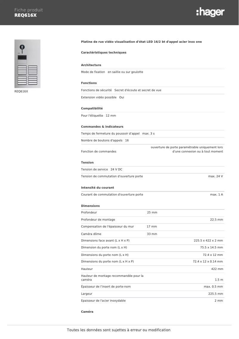 Page 1 de la notice Fiche technique Hager REQ616X