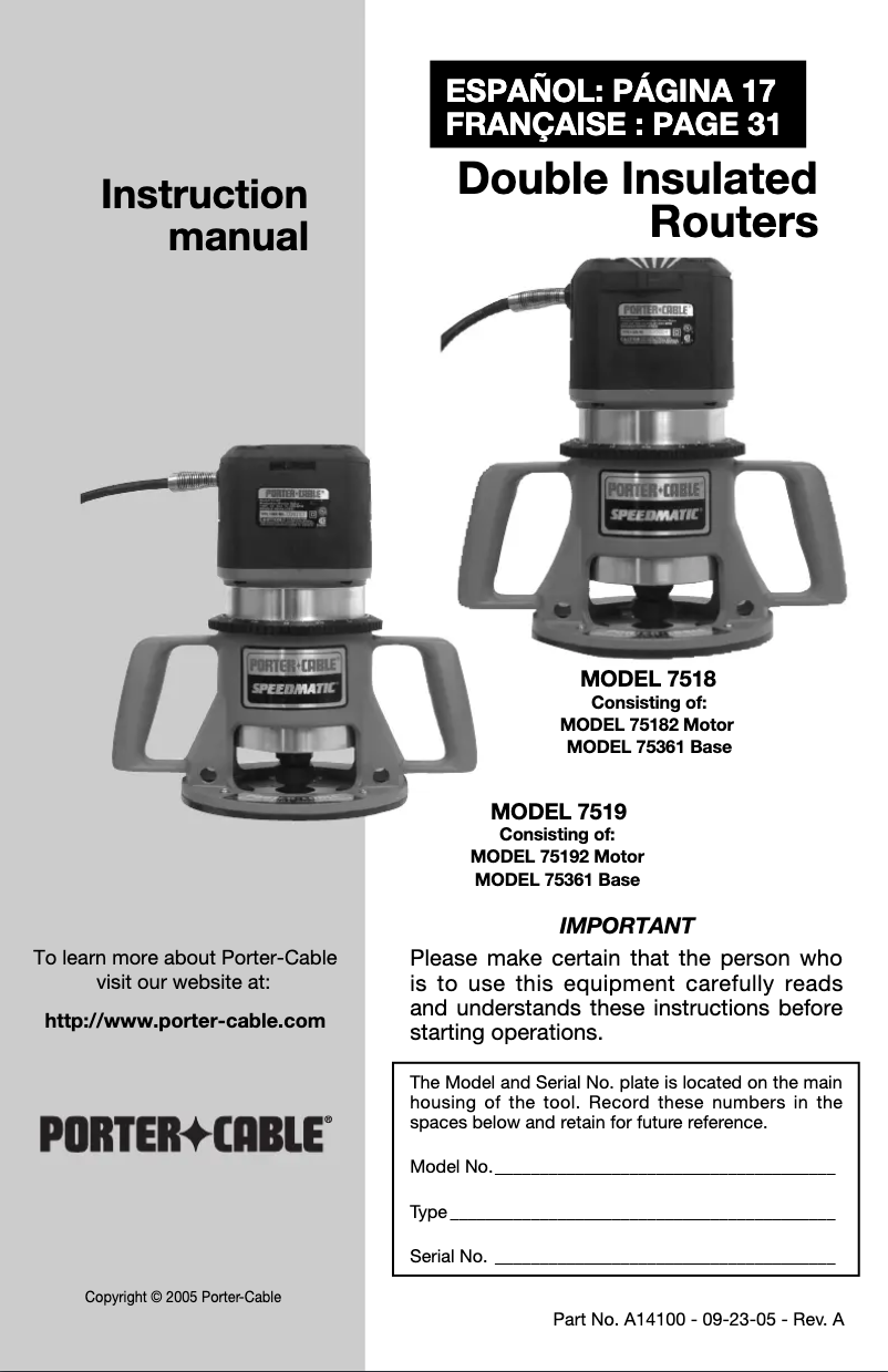Page n°1 - Manuel utilisateur Porter-Cable 7519