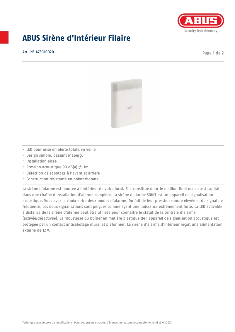 Page n°1 - Fiche technique Abus AZSG10020