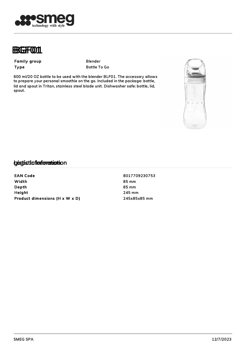 Page 1 de la notice Fiche technique Smeg BGF01