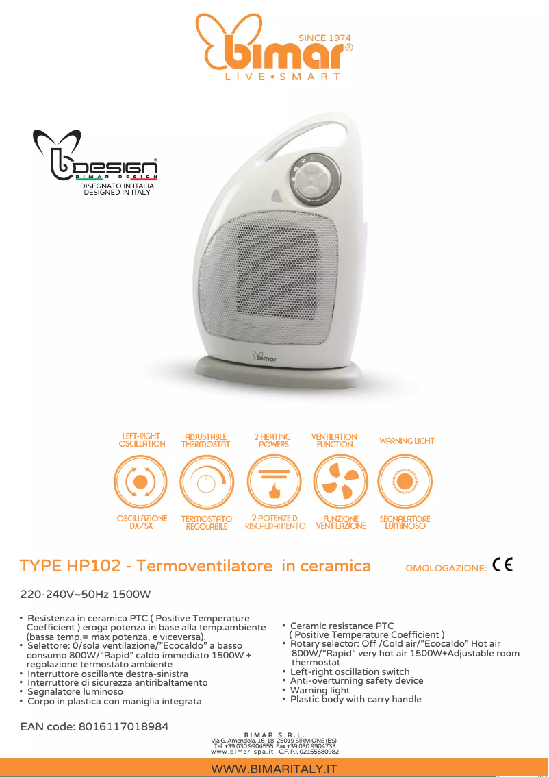 Page 1 de la notice Fiche technique Bimar HP102