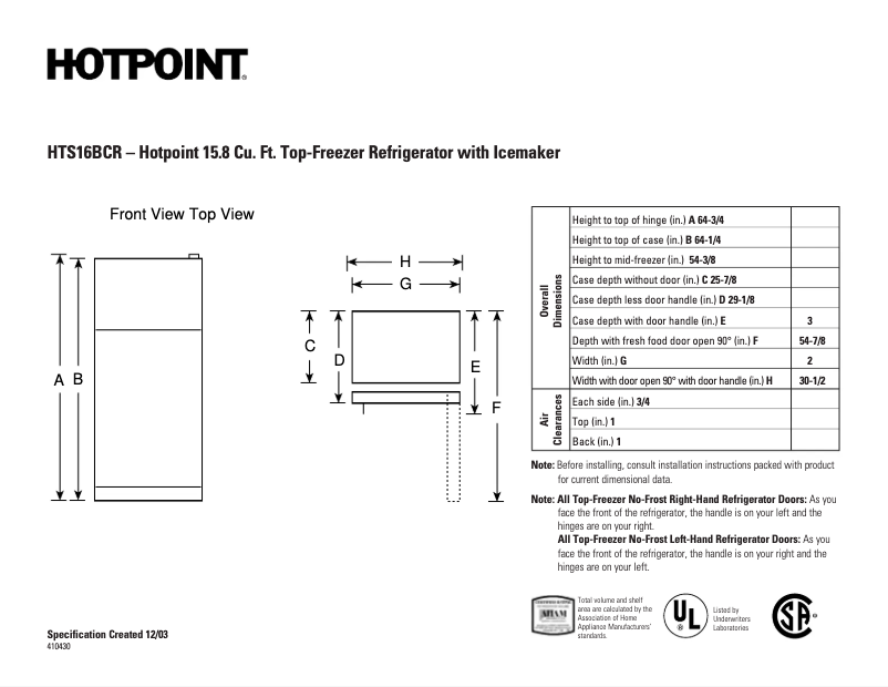 Page 1 de la notice Fiche technique Hotpoint HTS16BCRRWW