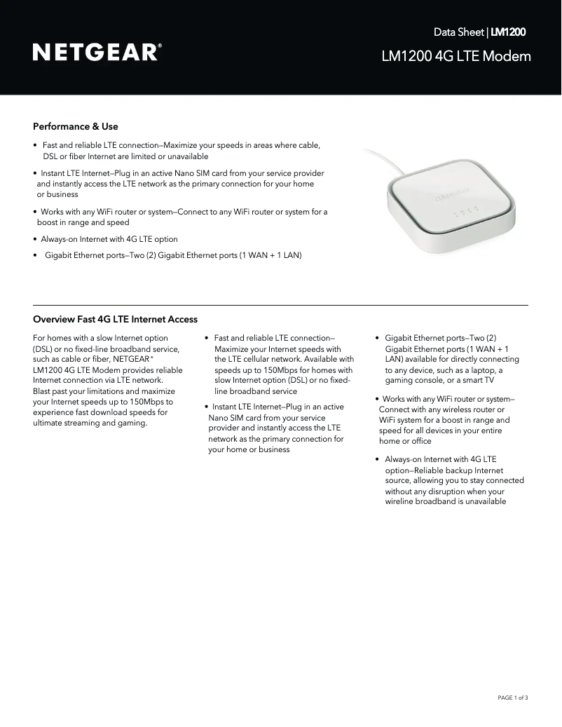 Page 1 de la notice Fiche technique Netgear LM1200