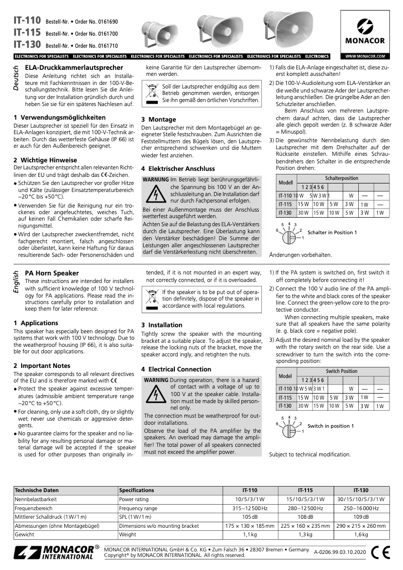 Page 1 de la notice Manuel utilisateur Monacor IT-115