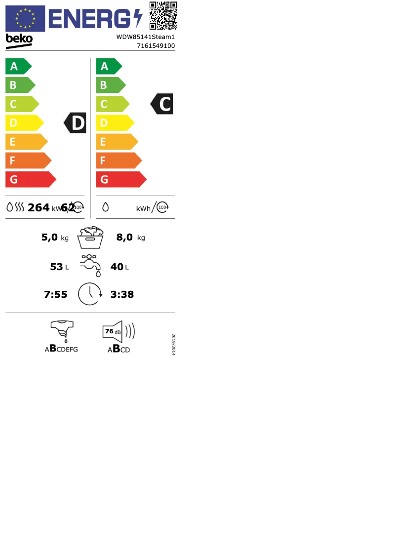 Page 1 de la notice Label énergétique Beko WDW85141Steam1