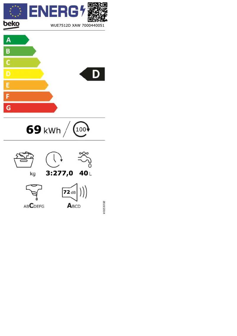 Page 1 de la notice Label énergétique Beko WUE7512D XAW