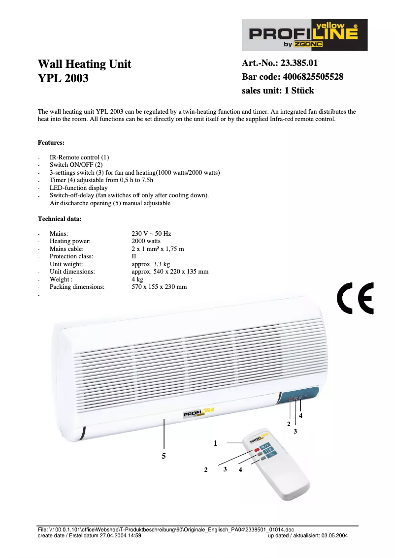 Page 1 de la notice Manuel utilisateur Yellow Garden Line YPL 2003