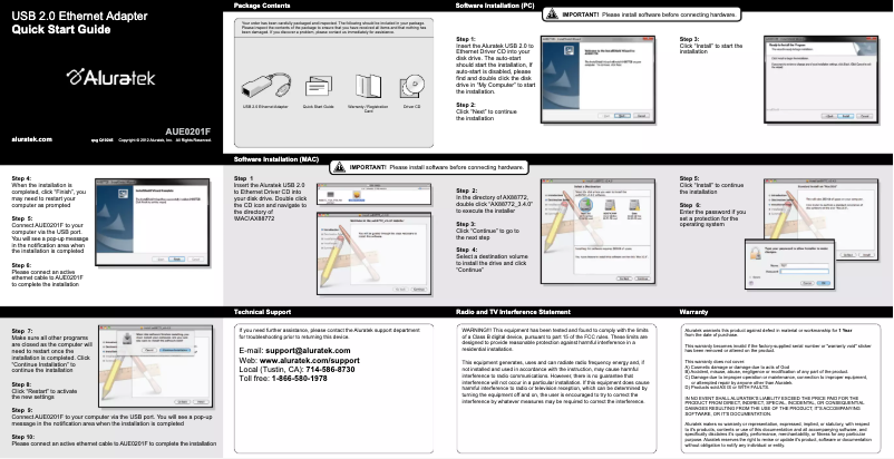 Page 1 de la notice Manuel utilisateur Aluratek AUE0201F