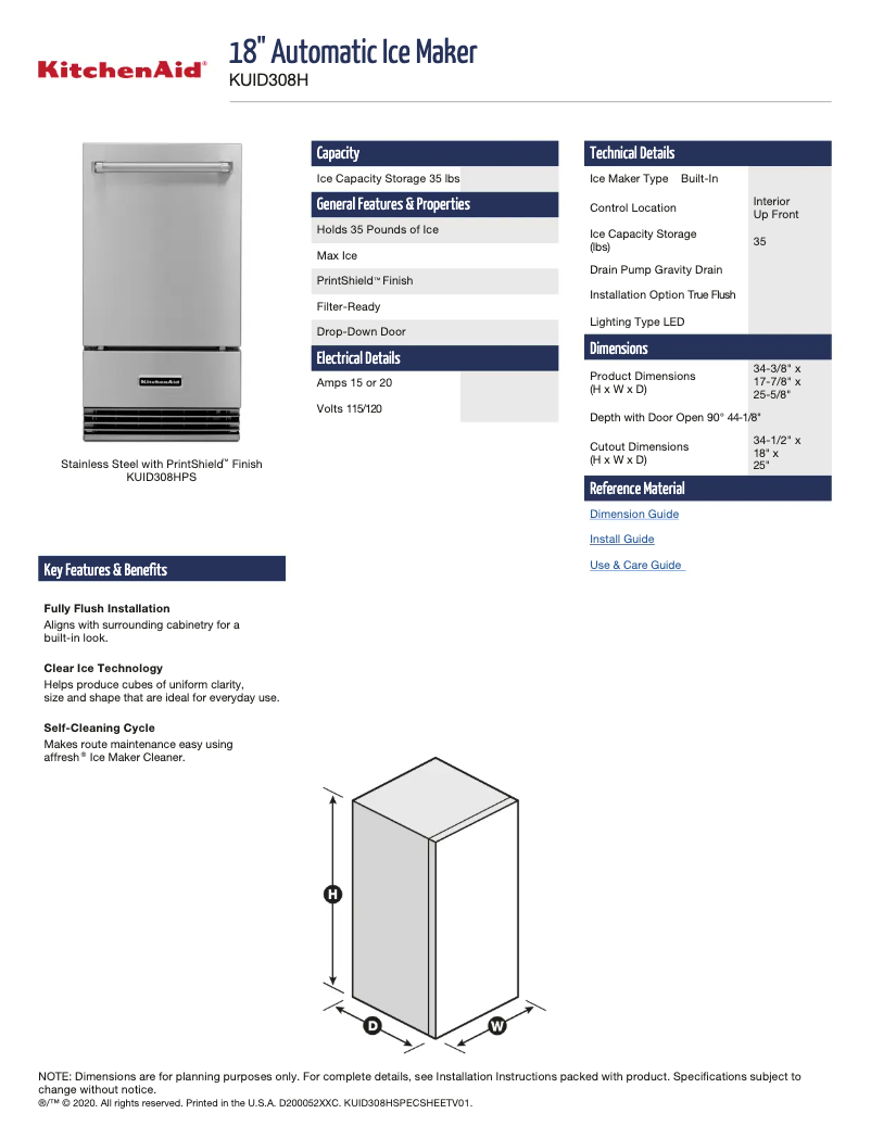 Page n°1 - Fiche technique KitchenAid KUID308HPS