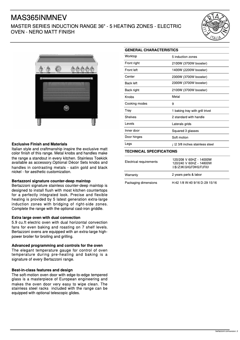 Page n°1 - Fiche technique Bertazzoni MAS365INMNEV