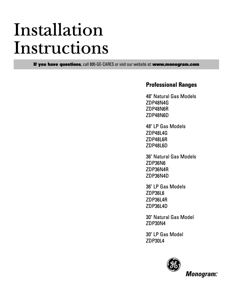 Page n°1 - Guide d'installation GE ZDP36L4DHSS