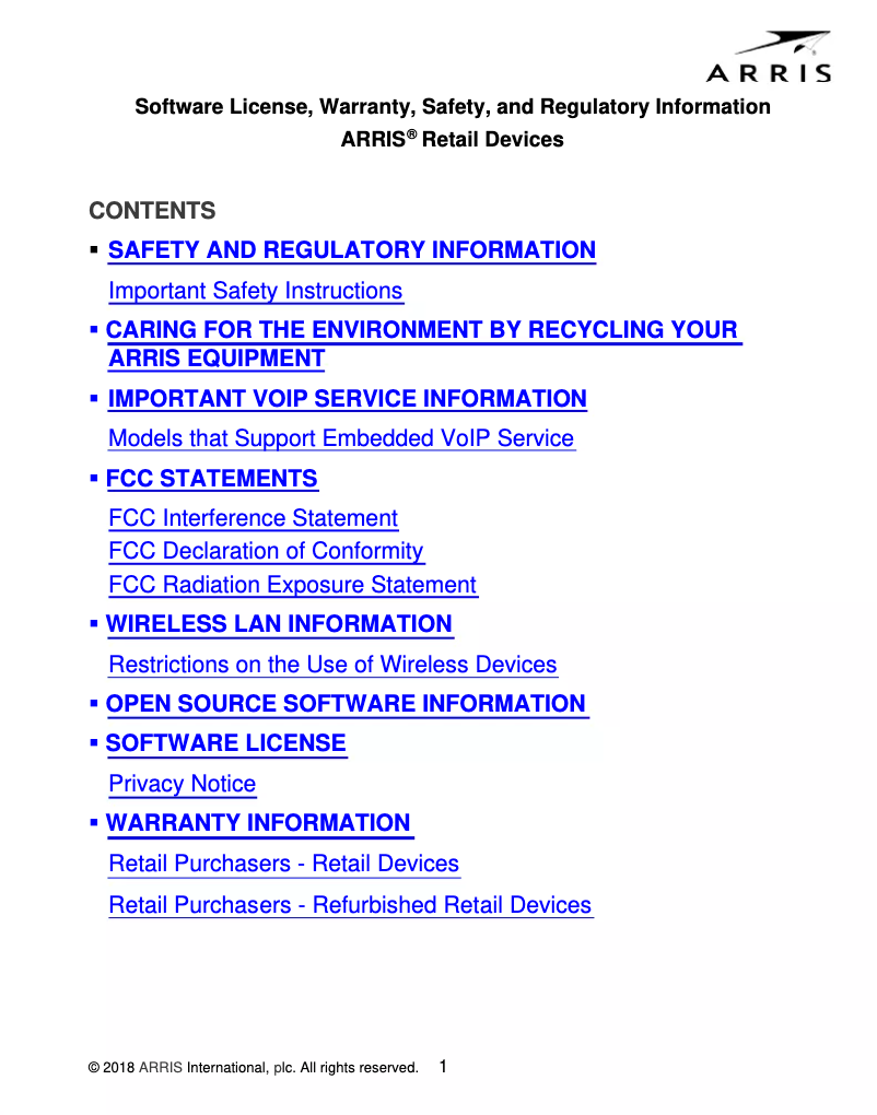 Page 1 de la notice Informations de garantie Arris SURFboard SBR-AC1750