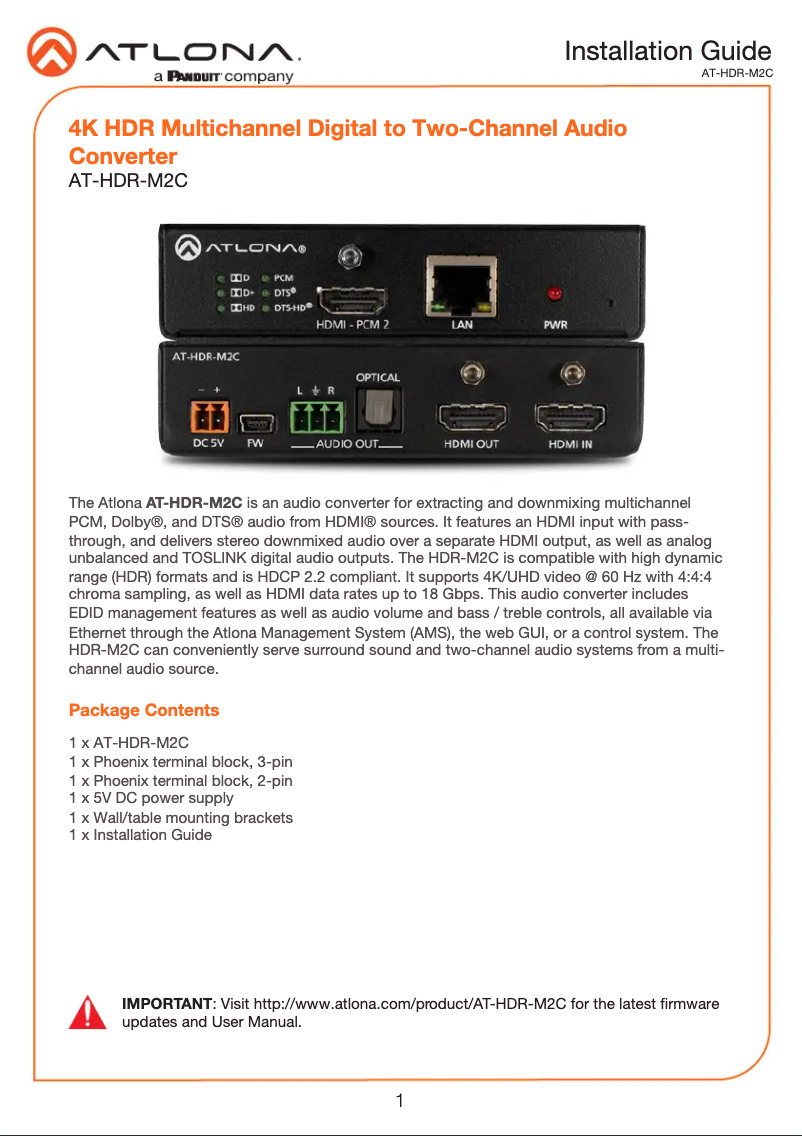 Página 1 del manual Guía de instalación Atlona AT-HDR-M2C