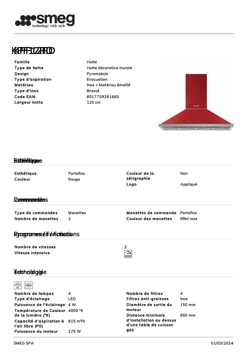 Page n°1 - Fiche technique Smeg KPF12RD