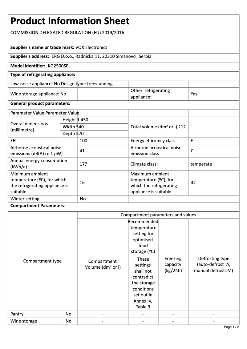 Page 1 de la notice Fiche technique VOX KG 2500 SE