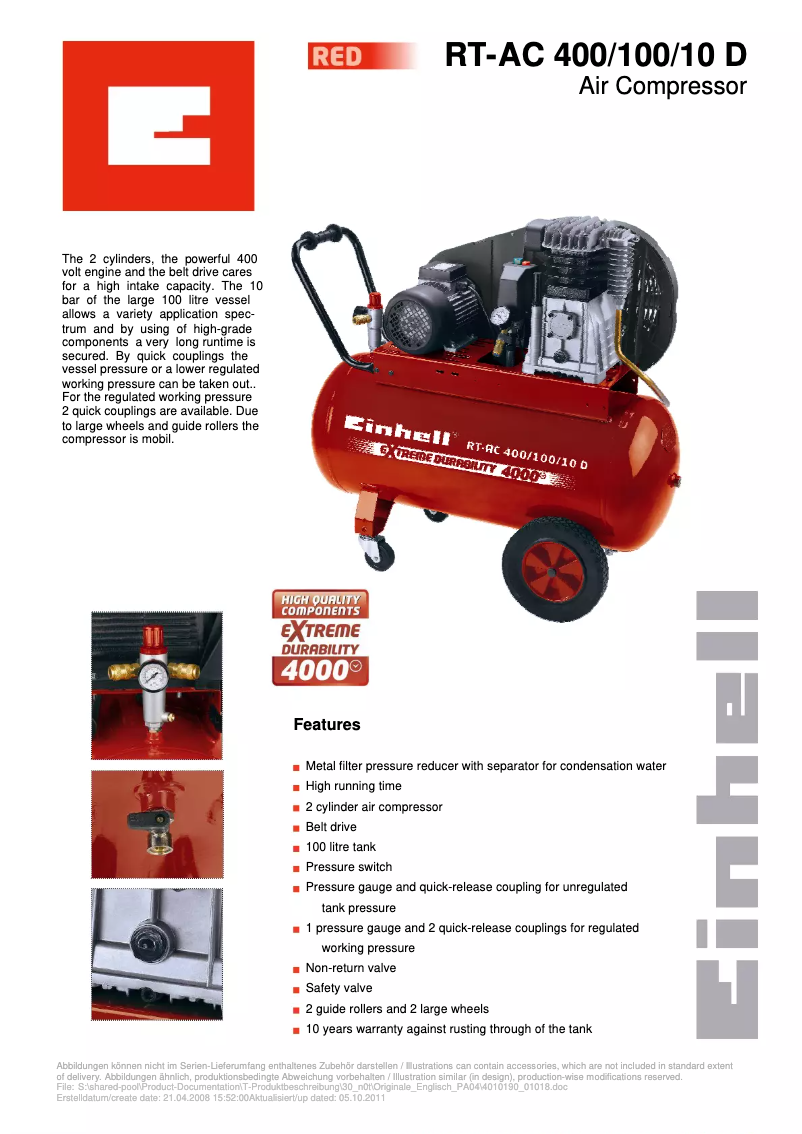 Page 1 de la notice Fiche technique Einhell RT-AC 400/100/10 D