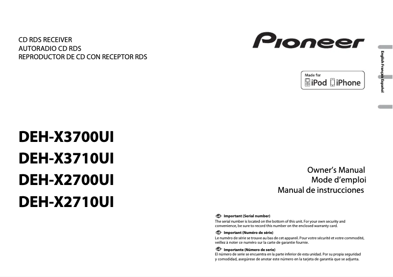 Page 1 de la notice Manuel utilisateur Pioneer DEH-X2700UI