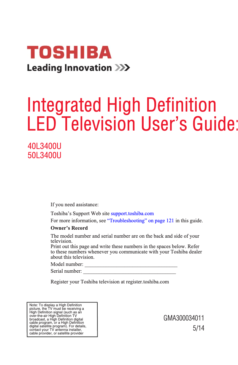 Page 1 de la notice Manuel utilisateur Toshiba 50L3400U