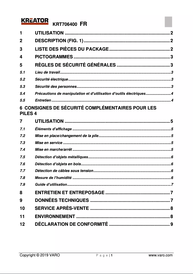 Page 1 de la notice Manuel utilisateur Kreator KRT706400