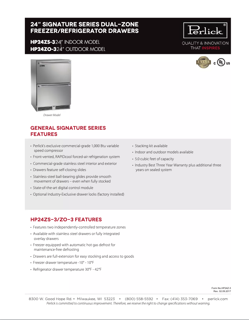 Page 1 de la notice Fiche technique Perlick HP24ZS-36