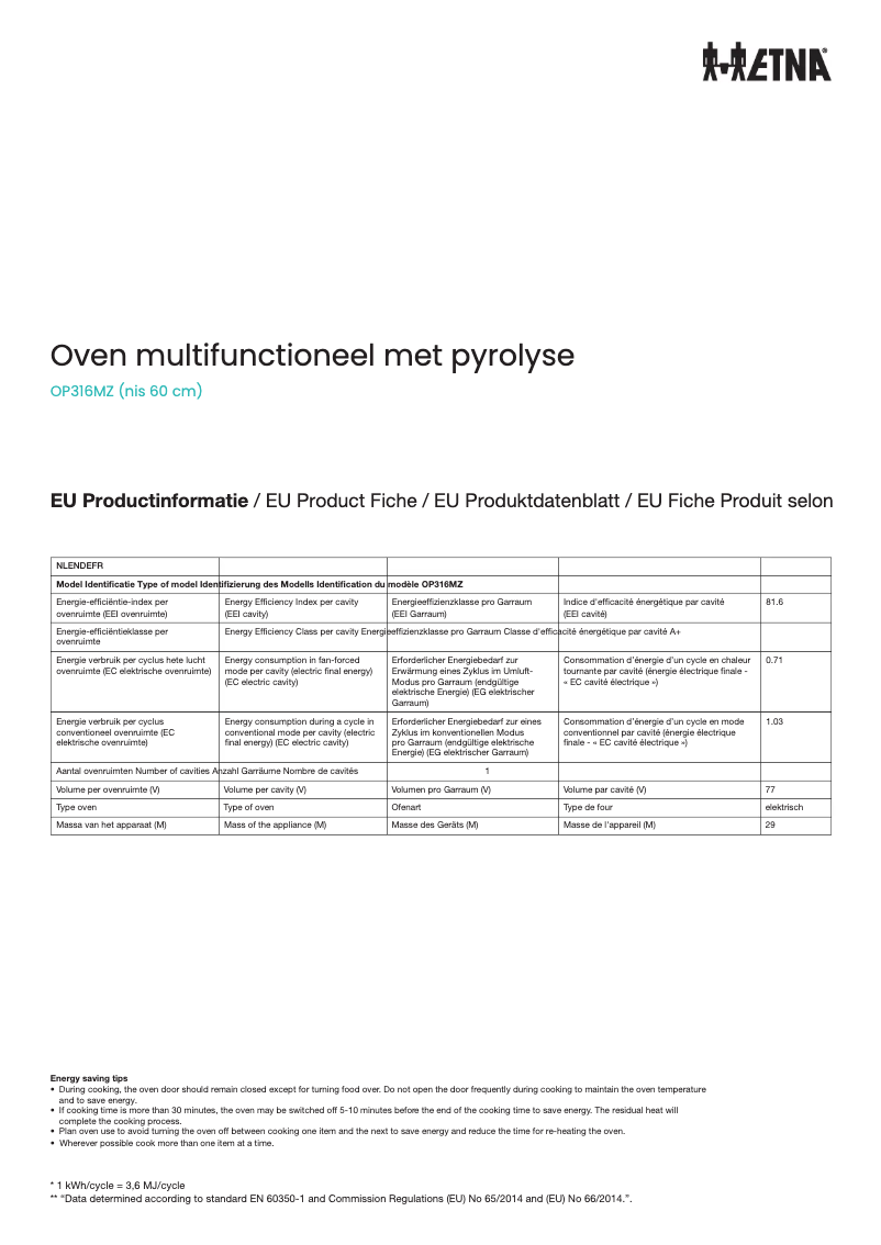 Page 1 de la notice Fiche technique Etna OP316MZ