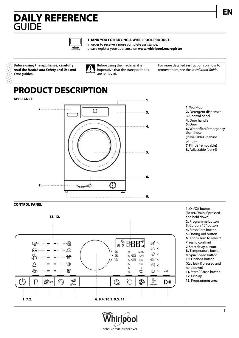 Page 1 de la notice Manuel utilisateur Whirlpool FSCR80214